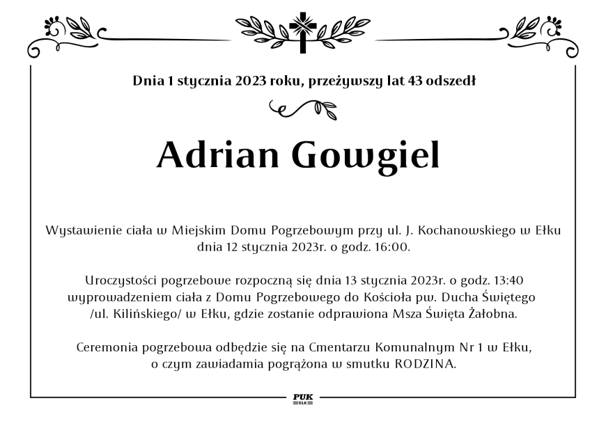 Adrian Gowgiel  - nekrolog